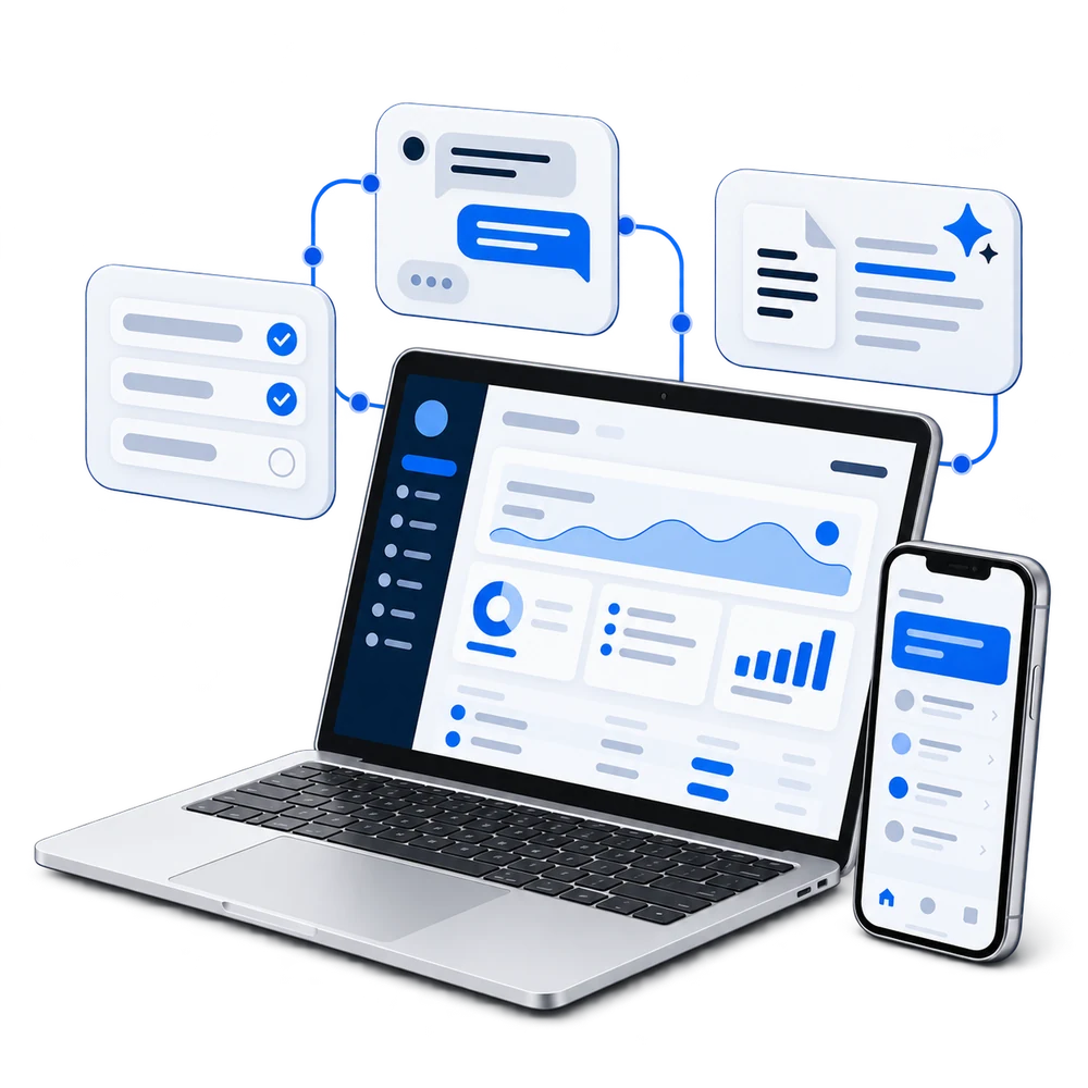 Illustration of AI features in a web application and mobile app